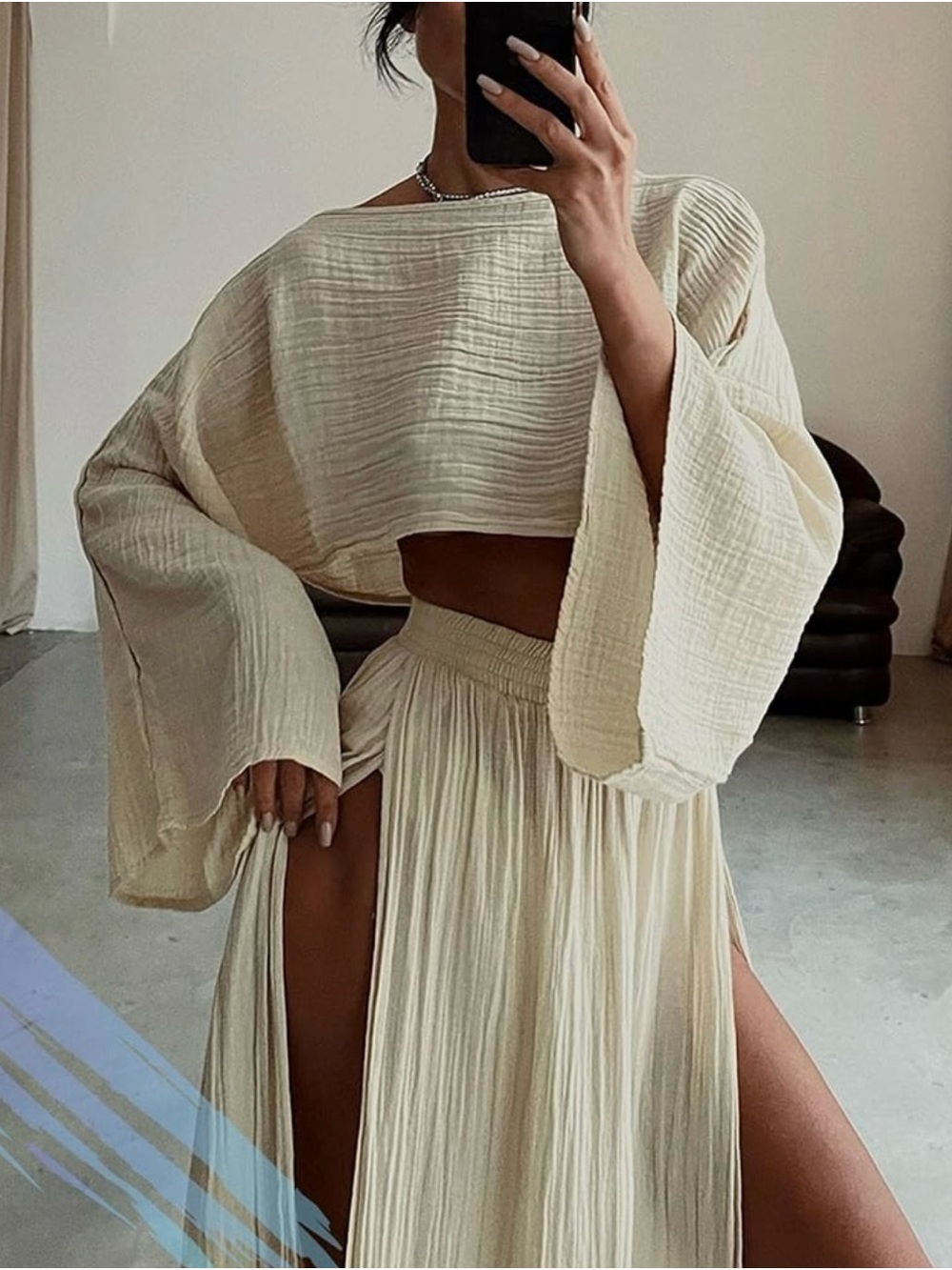 Cream Two-Piece Gauze Crop Top & Maxi Skirt Set